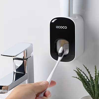 Auto Push-Button Toothpaste Dispenser with Holder   Wall-Mounted, Black