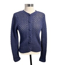 Vintage L.L. Bean Wool Angora Blend Navy Blue Popcorn Knit Cardigan Sweater XS