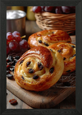 Raisin buns with grapes still life Framed Wall Art Poster Canvas Print Picture