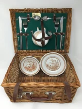 Raviana Optima Wicker Picnic Basket with Furnivals Quail Dishware England 1913