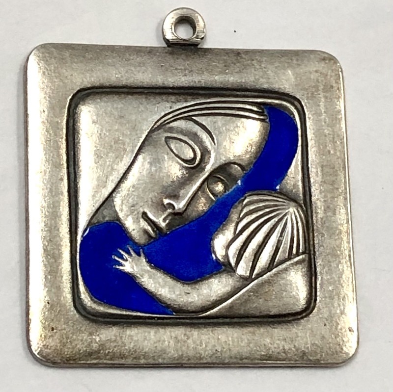 Vintage Ottaviani Enamel Virgin Mary Child Sterling Silver Pendant Charm 925 MCM