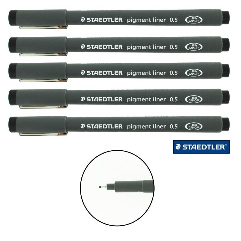 5 Feutres noirs Pigment Liner Staedtler de 0.5 mm pour le dessin linéaire