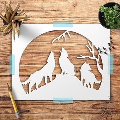 Wolf Pack Howling Silhouette Wall Art Reusable Stencil 9x7 - StencilAir