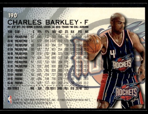 Fleer Charles Barkley #190 Houston Rockets 1996-97 - Foto 2 di 2