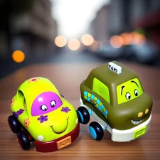 Lot of 2 My B Toys Flowery Car, Taxi pull back & go Pre-School Toddler see video