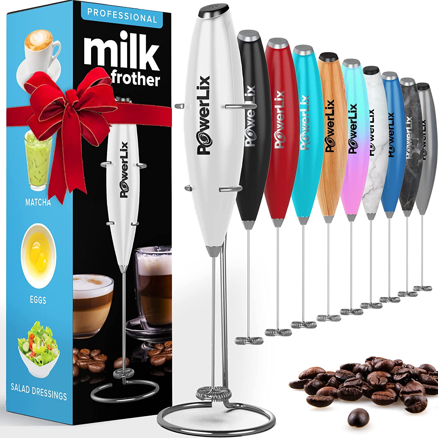 Milk Frother Handheld Electric Whisk Foam Maker Stand Battery Operated, White-image