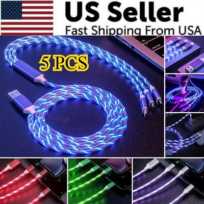 5x 3 in 1 LED Fast Charging Cable Cell Phone Charger Cord For iPhone Type-C USB
