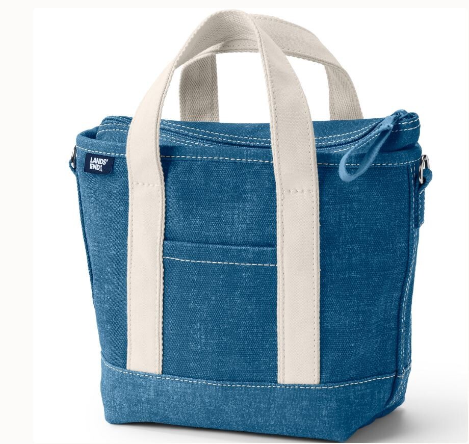 LANDS END *Denim Blue* 100% Cotton Canvas Tote Bag Zip Top Small