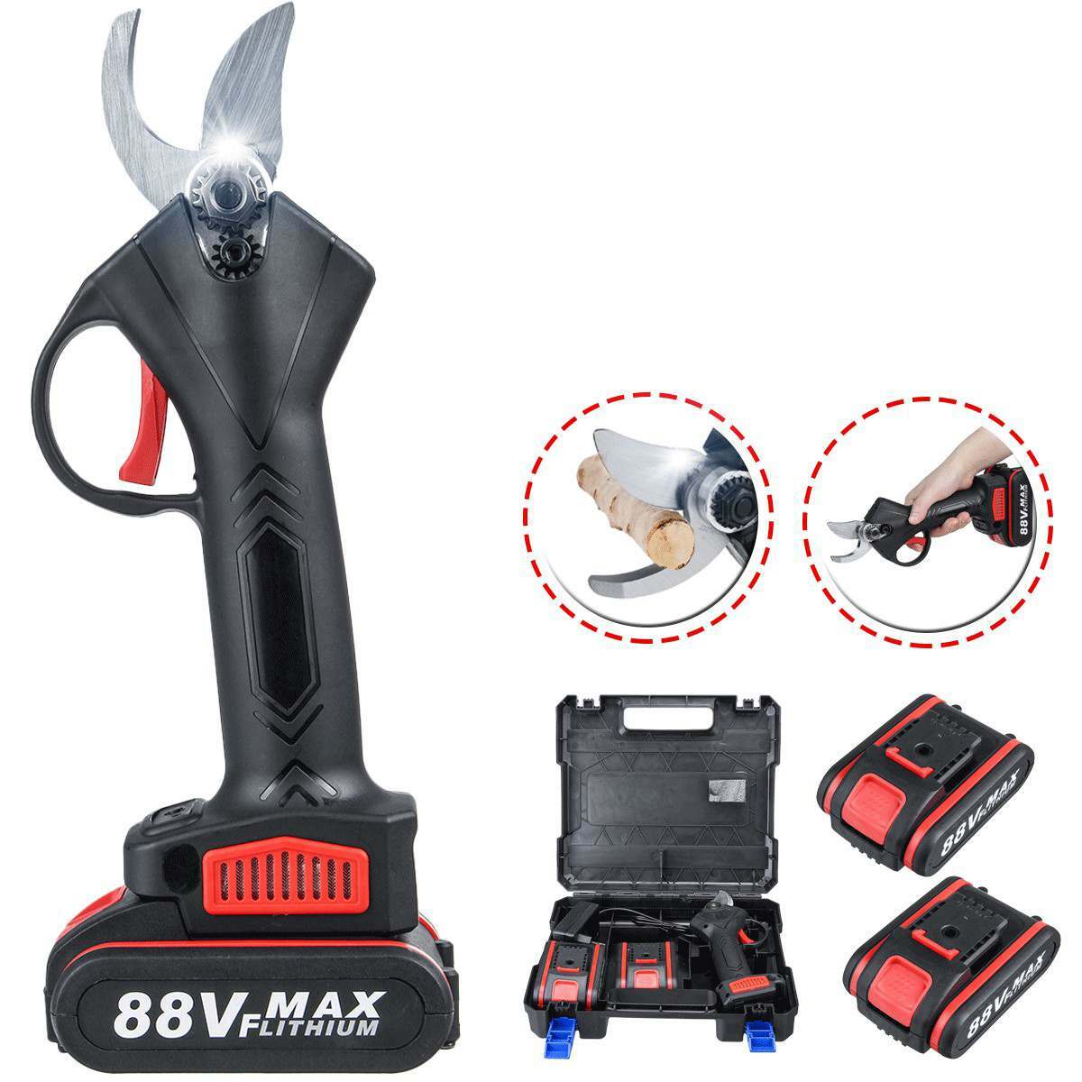 Sécateur électrique sans fil 88V avec 2 batteries au lithium pour coupe de jardin 30mm