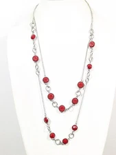 Charming Charlie Red Bezel Layered Long Necklace Boho Coastal 28 in
