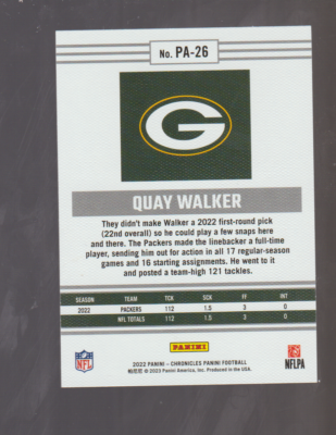 2022 Panini #PA-26 Quay Walker rookie card, Green Bay Packers | eBay