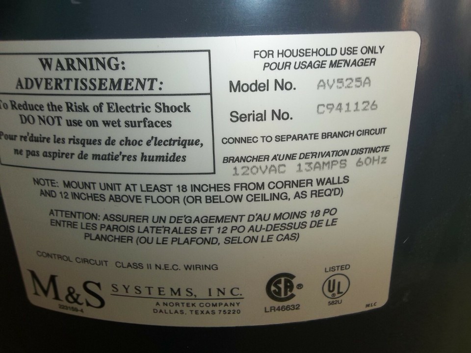 AIR VACUUM M&S central vacuum AV525A eBay