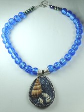 Fancy Blue Foil Lined Lampwork Necklace with Shell Pendant Handmade Jewelry