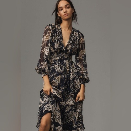 Anthropologie Printer Johnson Long-Sleeve V-Neck Textured Midi Dress PXS new