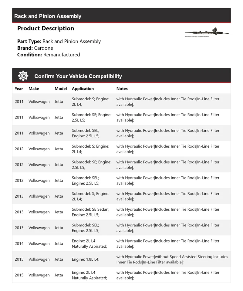 Conjunto de piñón y cremallera Cardone para Volkswagen Jetta 2011-2015 2012 2013 2014 Foto 2 de 4