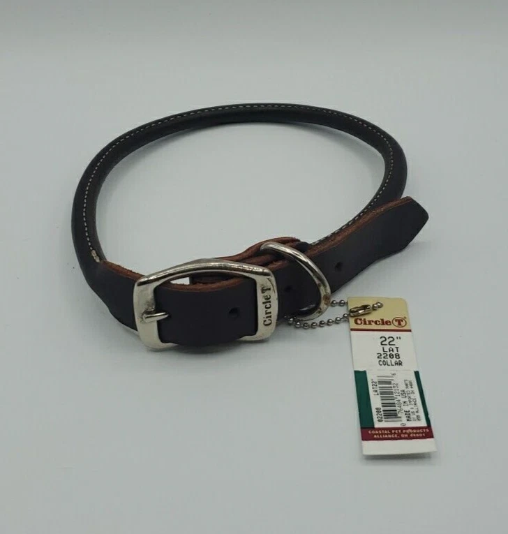 Circle T Pet Brown Leather Round Flat Rolled Dog Collar - 22 Inch NWT