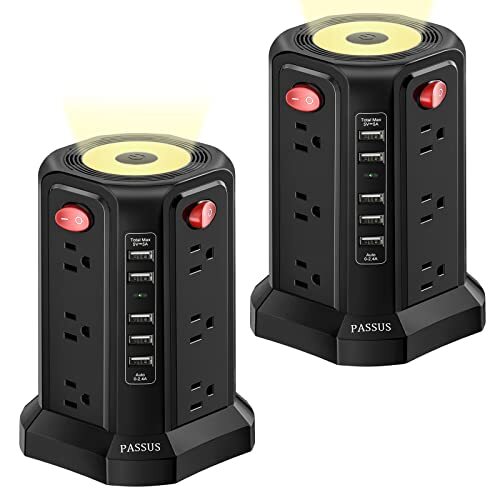 Surge Protector Power Strip Tower with 5 USB Ports and Night Light, 2PC-Black-image