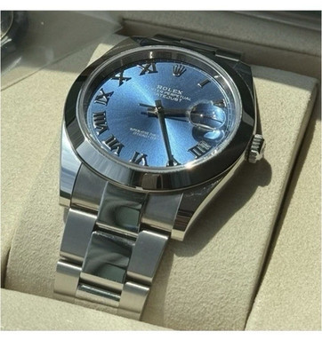 Rolex Datejust 41 Blue Sunburst Roman Dial Steel Auto Date, Box & Papers