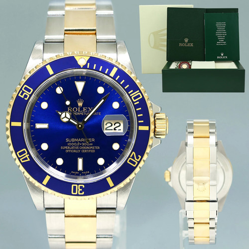 MINT 2007 Rolex Submariner 16613 LB Gold Steel Two Tone Gold 40mm Sunburst Blue