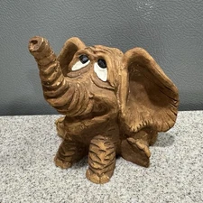 Vtg 80’s Vernon Shade Tree Creations Elephant Wood Carved 5” Trunk Up Good Luck