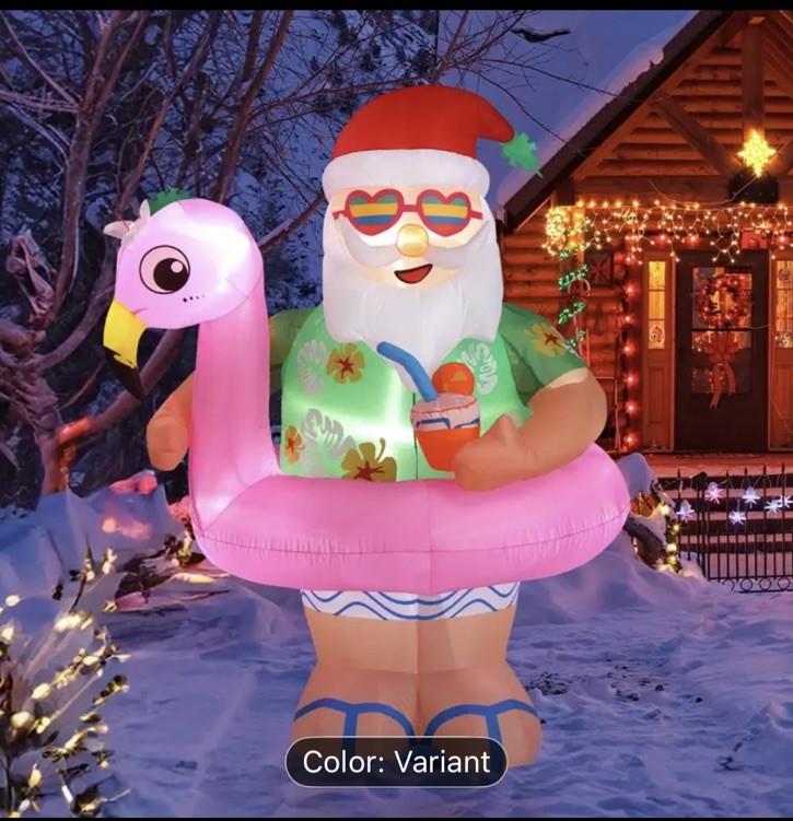 Hawaiian Vacation Santa In Flamingo Float Inflatable 5.9 Feet Tall LED Lights