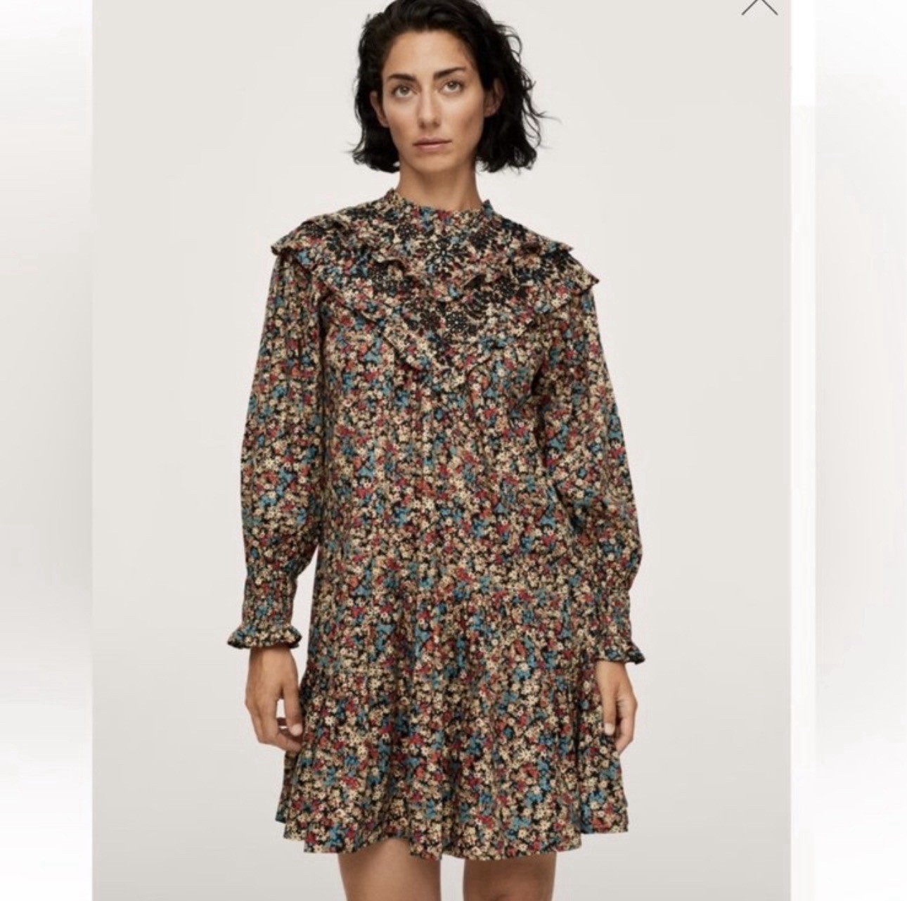 Mango Embroidered Floral Dress Boho Cottagecore Long Sleeve Ruffle Neck S NWT