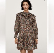 Mango Embroidered Floral Dress Boho Cottagecore Long Sleeve Ruffle Neck S NWT