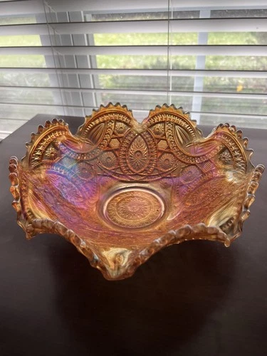 Imperial Marigold Carnival Glass Bowl Twins Pattern 10” Ruffled Rim