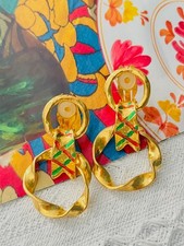 Yves Saint Laurent YSL Vintage Double Circle Green Red Ribbon Hoop, Earrings