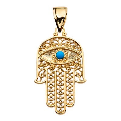Gold Filigree Hamsa Hand Turquoise Gemstone Evil Eye Necklace(Yellow/Rose/White)