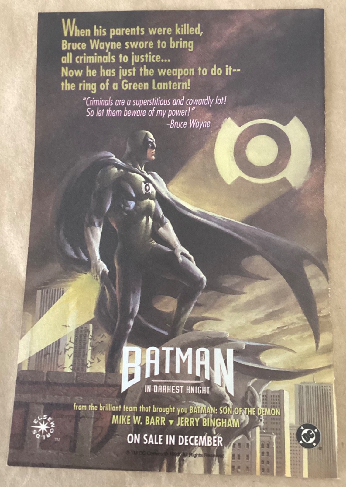 Batman Darkest Knight 1990 Print Ad promo art DC house ad comic Bingham illus.