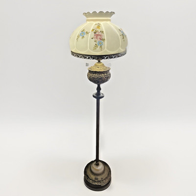 Antique Ornate Brass Floor Lamp Hand Painted Floral Shade Victorian Baroque
