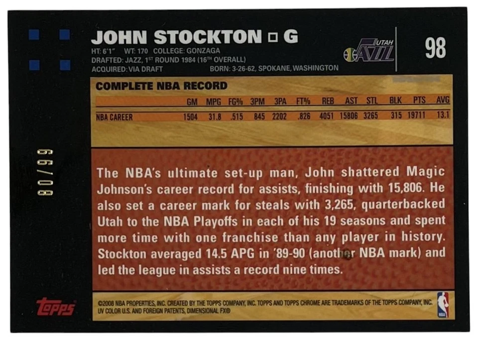 2007 Topps Chrome White Refractor #98 John Stockton Utah Jazz /99 - Image 2 of 2