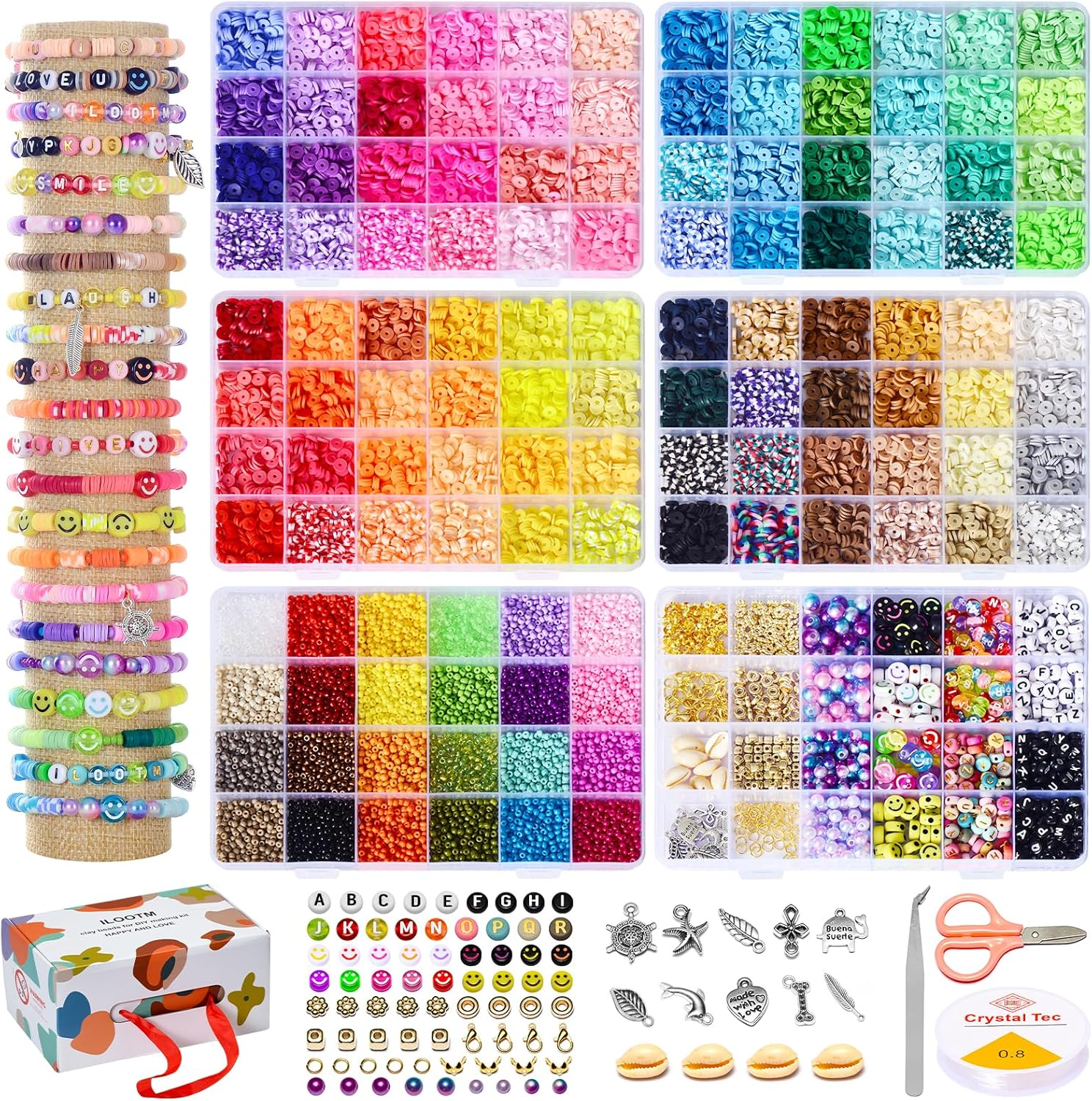 16800Pcs Friendship Bracelet Kit with 96 Polymer Clay & 24 Glass Beads for DIY Crafts
