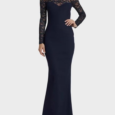 Chiara Boni Women's Blue Lien Collared Lace Long-Sleeve Gown Dress Size 38