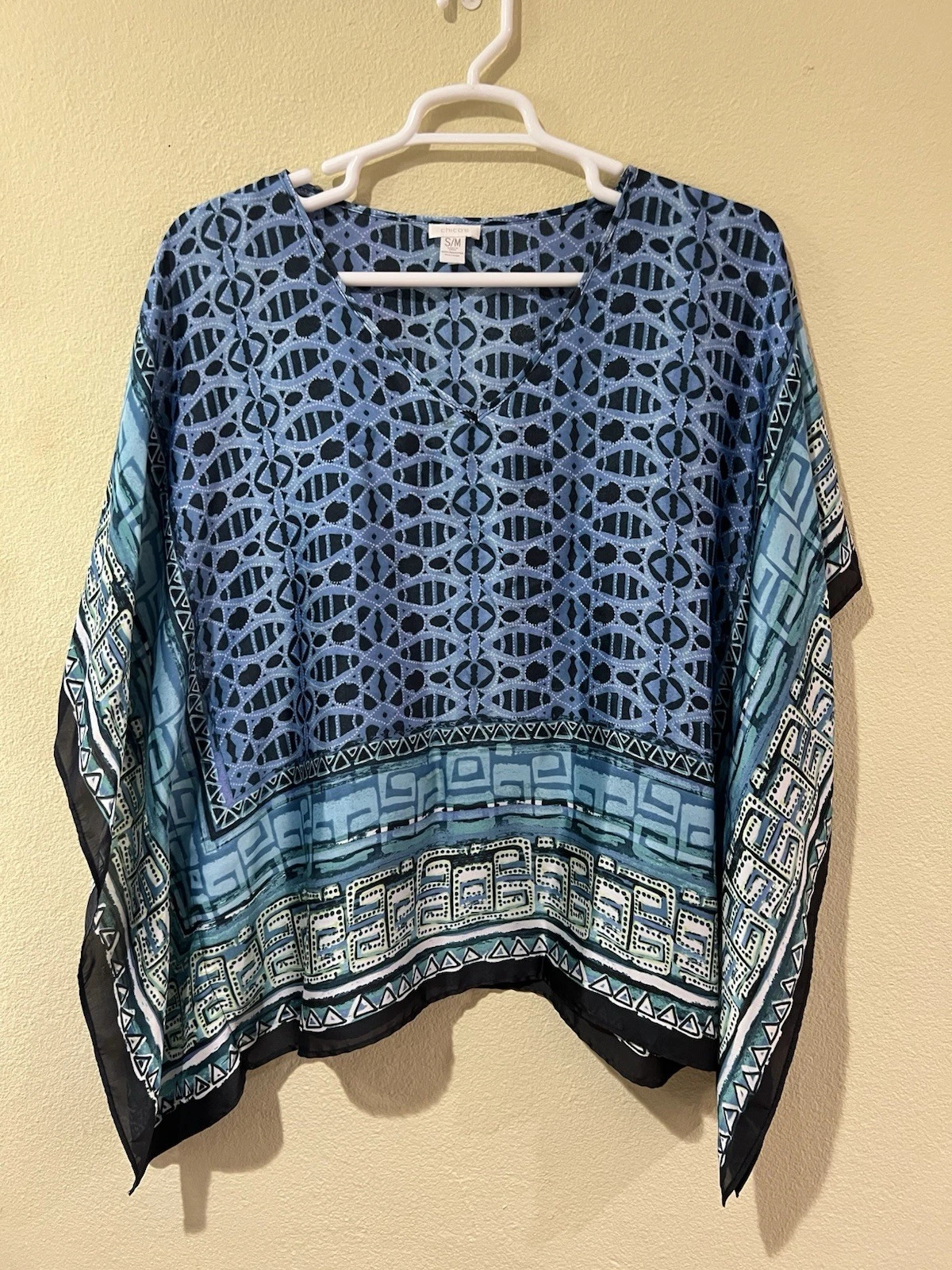 Chicos Sz S/M Blue Printed Pullover Poncho Flowy Satin Kimono Top Cover UP v6