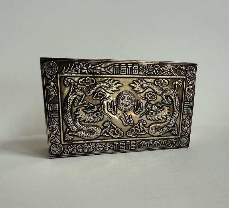 Antique Chinese Brass Box Wood Lined Dragon & Foo Dogs