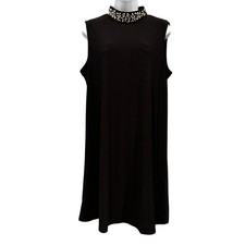 Cato Black Pearl Beaded High Neck Jersey Stretch Mini Shift Dress Party Size L