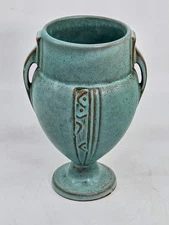 Vtg Roseville Moderne Vase 787-6 Turquoise Blue Gold Double Handle Footed READ