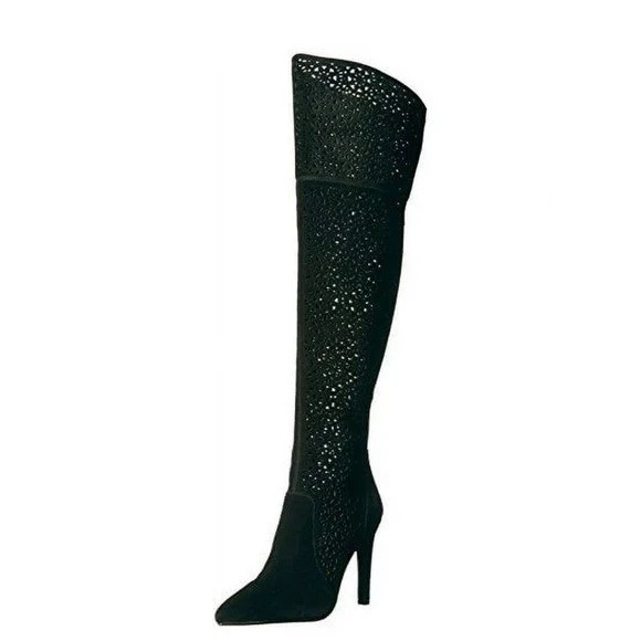 Botas por encima de la rodilla Fergie Destiny para mujer negras gamuza perforadas holgadas pull-on Foto 2 de 4