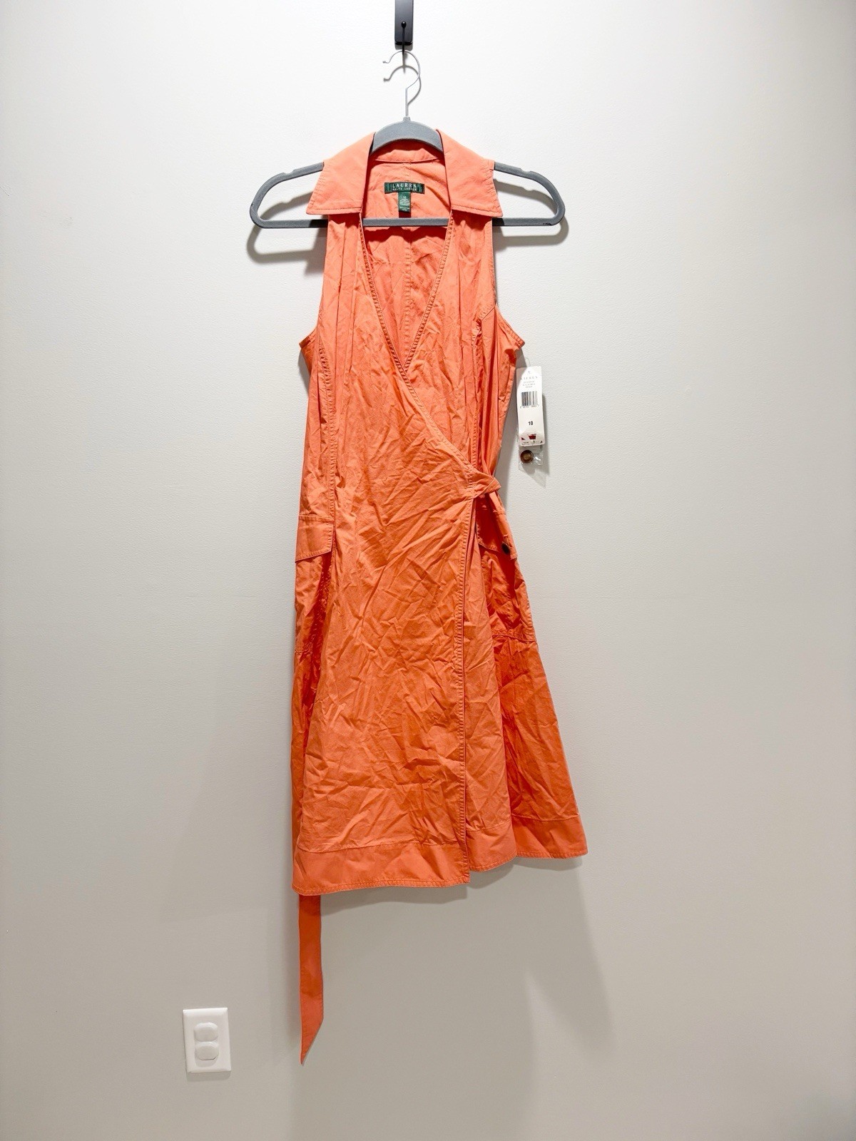 Lauren Ralph Lauren Orange Ginger Sleeveless Collar Wrap Dress Cotton NEW Sz 10
