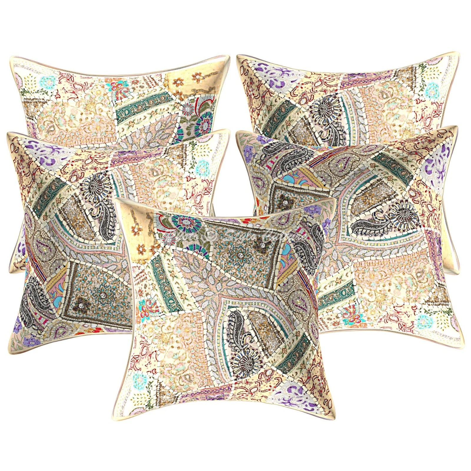 Boho Beaded Patchwork Throw Pillow Covers Cotton Floral Cushion Cover 60x60 cm