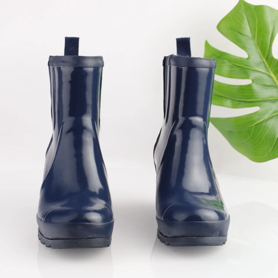 Bota de lluvia Sorel Joan para mujer talla 8 azul marino botín de goma brillante suela tacón de cuña Foto 2 de 4