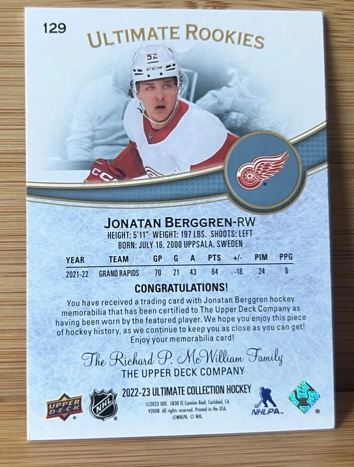 Jonatan Berggren 22-23 UD Ultimate Collection Ultimate Rookies Jersey Red /799 - Image 2 of 2