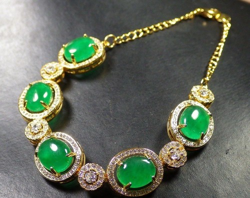 Genuine Green Jade Cabochon Oval Cubic Zirconia Flower 18KGP Bangle Bracelet - Picture 4 of 5
