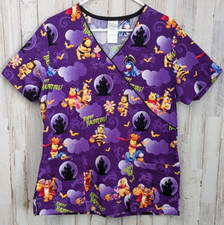 Disney Halloween Scrub Top Womans M Purple Winnie The Pooh Tigger Piglet Spooky