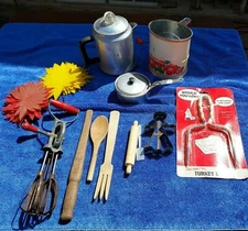 Vintage Lot of Kitchen Utensils Sifter Coffee Pot beater coasters lifters