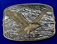 Vintage Soaring Patriotic USA Eagle Hawk w/ Mountains Belt Buckle 3.5 x 2.5