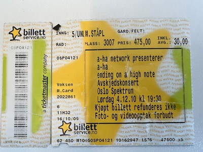 Ticket A-HA Oslo Spektrum 4.12.10 2010 Avskjedskonsert Original used 