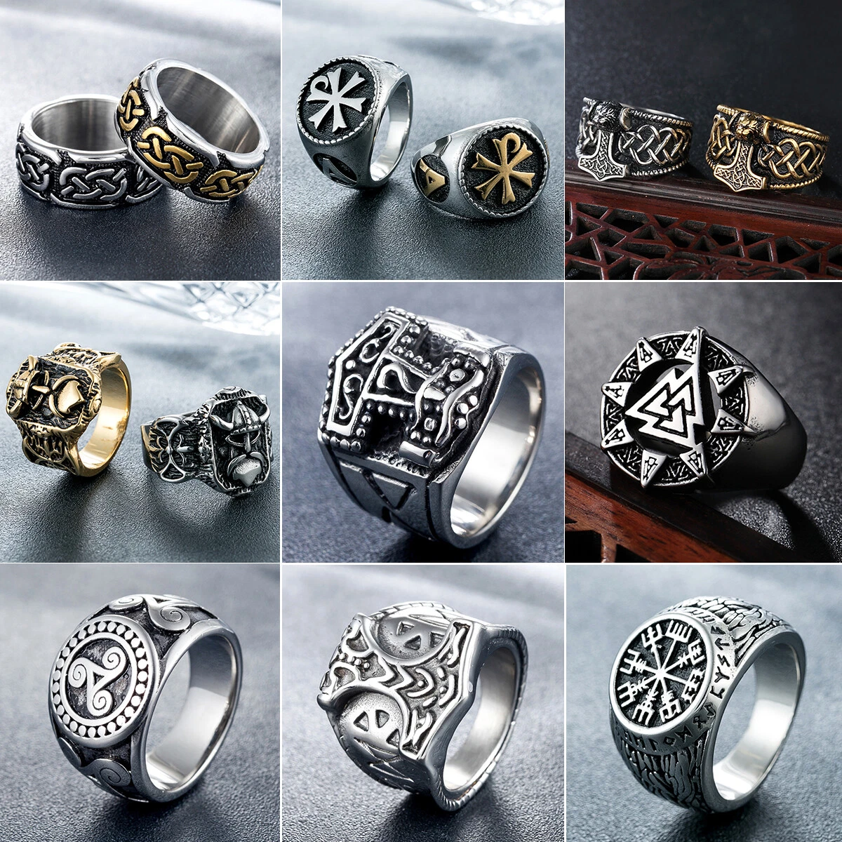 Mens Stainless Steel Nordic Viking Rings Rock Punk Band Ring Biker Jewelry